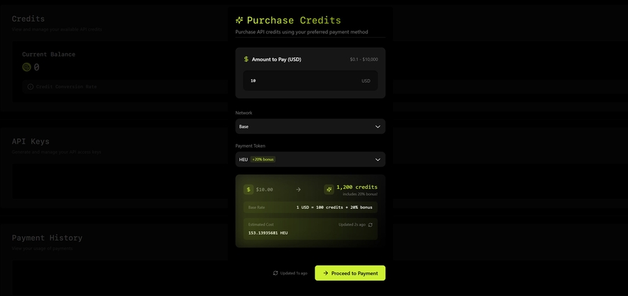 Heurist Credits Payment Interface